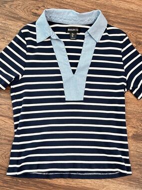 Bailey 44 Navy and White Striped Polo with Light Blue Trim